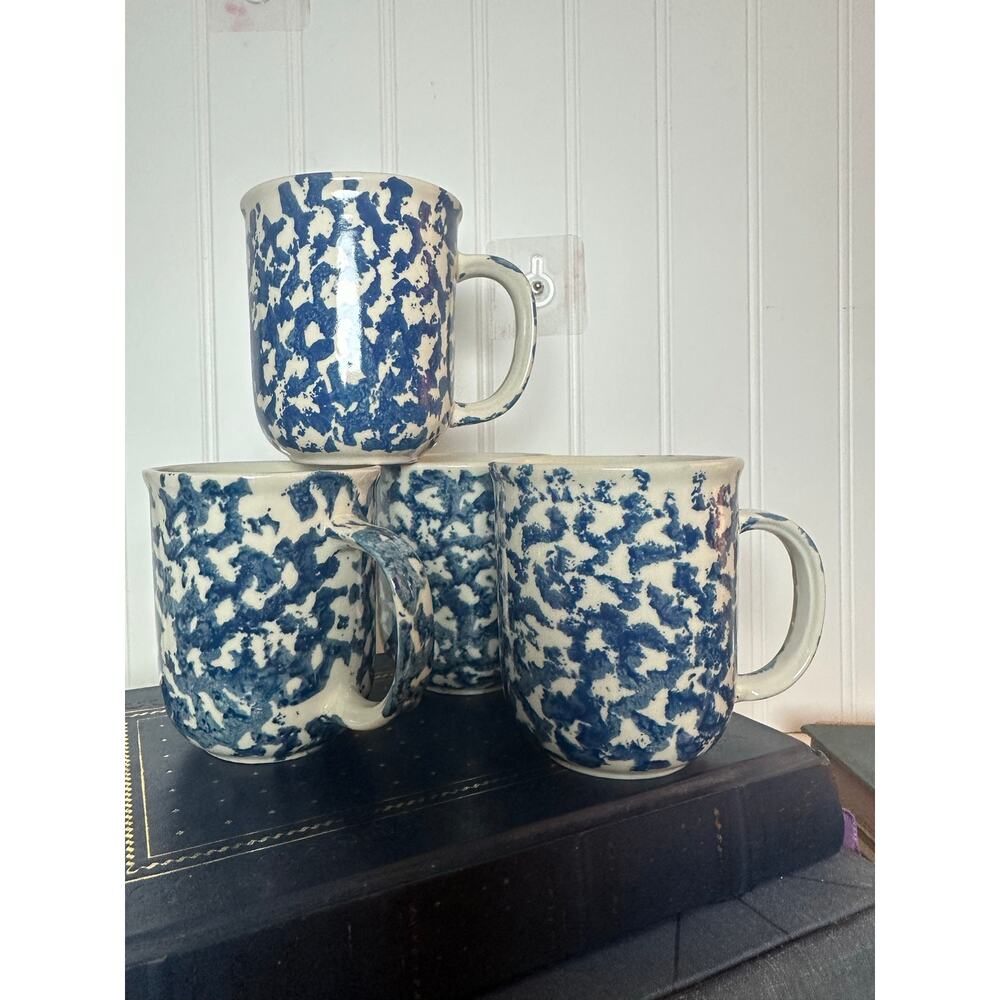 Set of 4  Blue Sponge Vintage Folk Craft Coffee Mugs by Tieshan